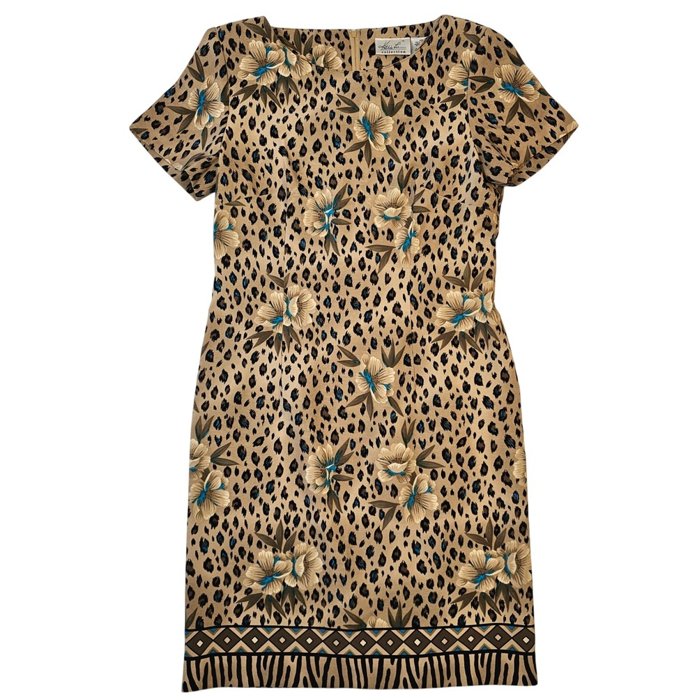 Kathie Lee Collection Leopard Floral Print Shift Dress Tan Brown Blue Size 8